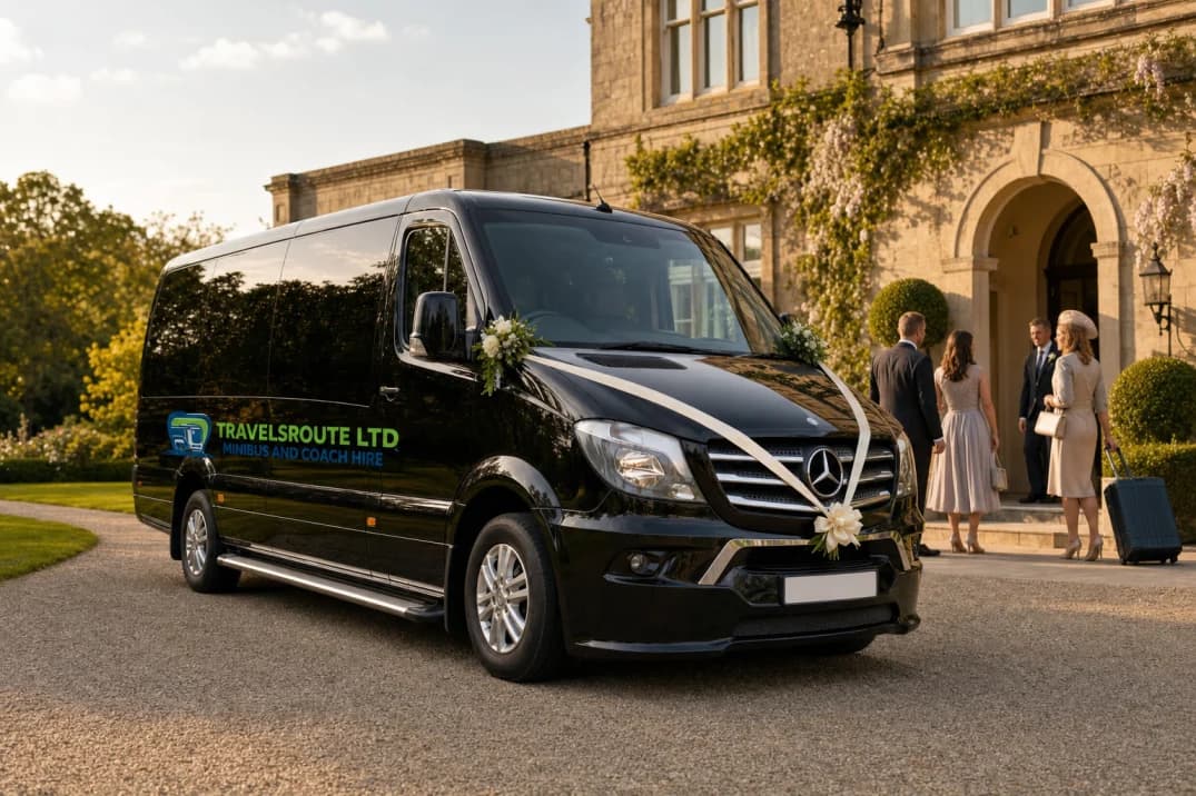 Wedding guests boarding group transport in London