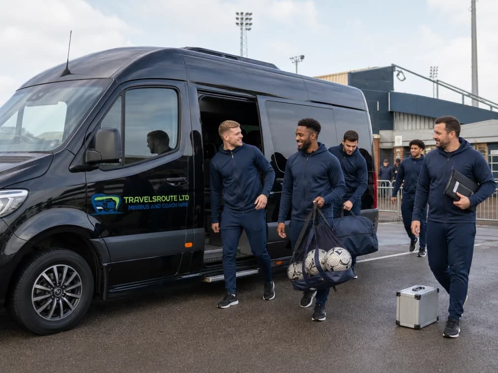 London sports squad travelling by coach with equipment