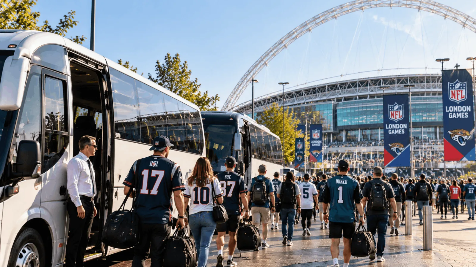 NFL fans arriving by private coach and minibus near Wembley Stadium for the 2026 London Games.
