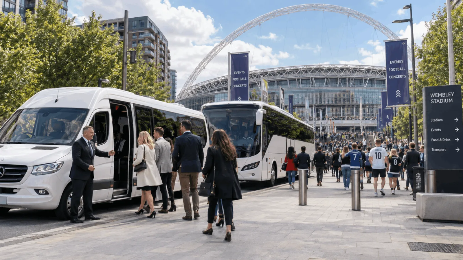 Group passengers arriving by private minibus and coach near Wembley Stadium for a major London event.